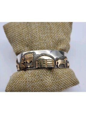 Vintage 1980’s Jacob Kahe Navajo 12KGF STORYTELLER Sterling Silver Cuff Bracelet